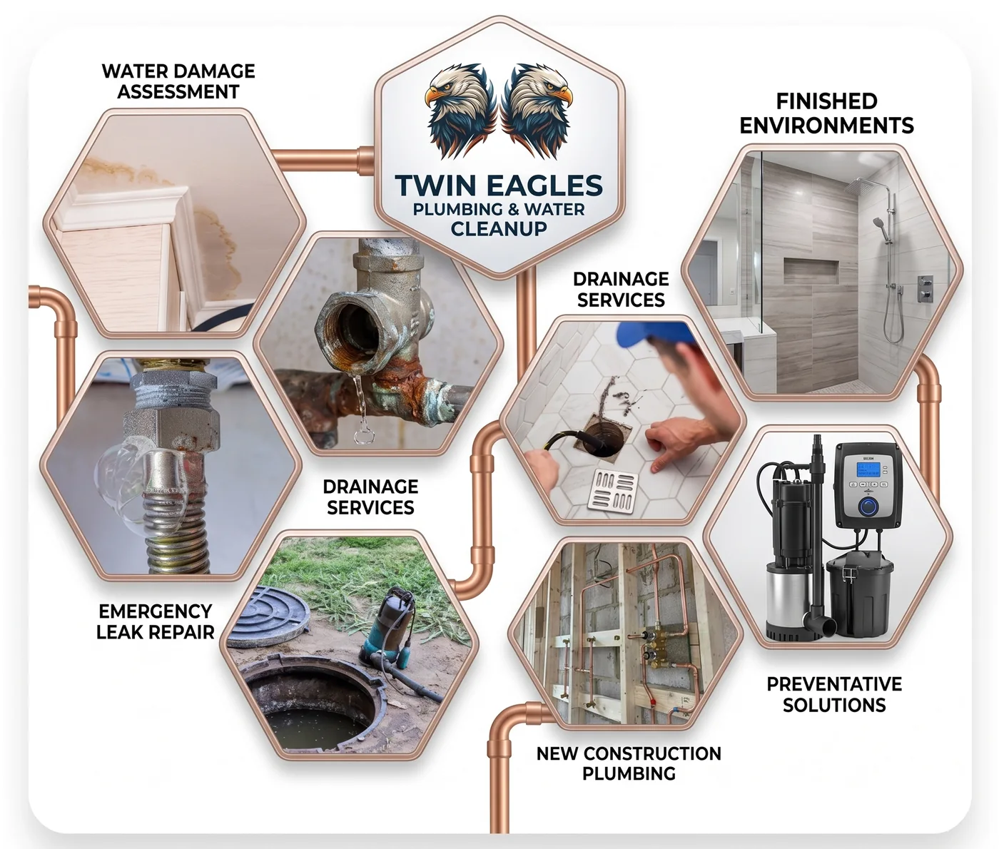 Hexagonal service graphic centred on the Twin Eagles Plumbing & Water Cleanup logo, with eight photo panels joined by copper pipe runs and labelled water damage assessment, drainage services, emergency leak repair, new construction plumbing, preventative solutions and finished environments